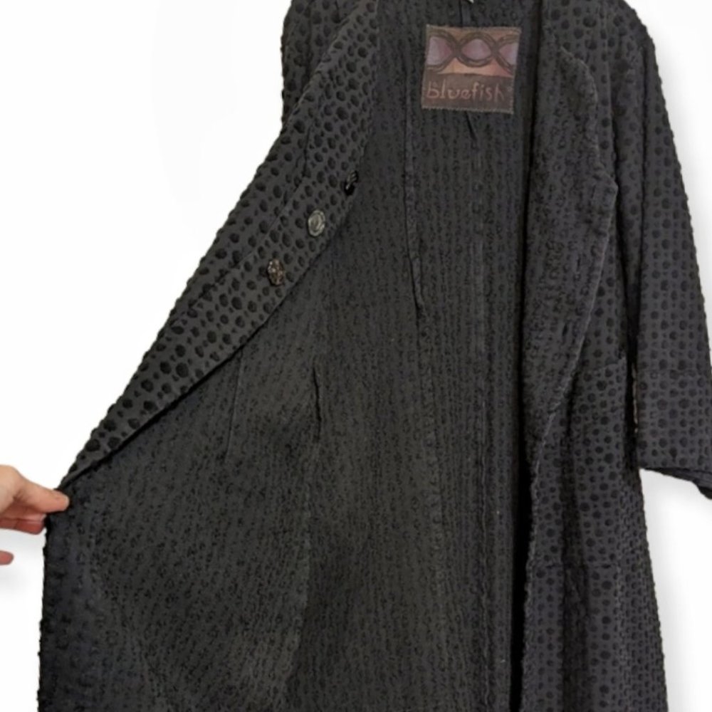 Vtg Blue Fish Black Cotton Chenille Dot Lagenlook Duster Art Patch Longline Coat - Picture 6 of 16